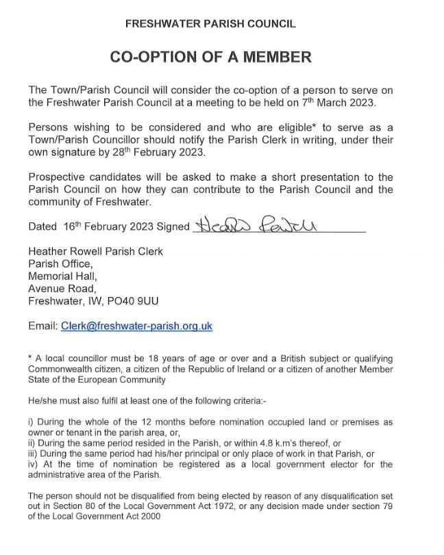 Co-option notice for parish councillor vacancy
